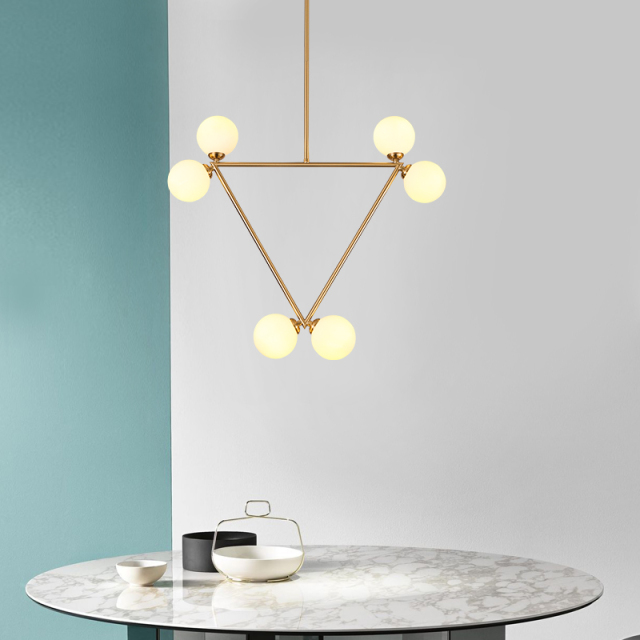 Modern 6-Light Geometric Brass Chandelier with Opal Glass Globe for Kitchen, Bar and Resturant