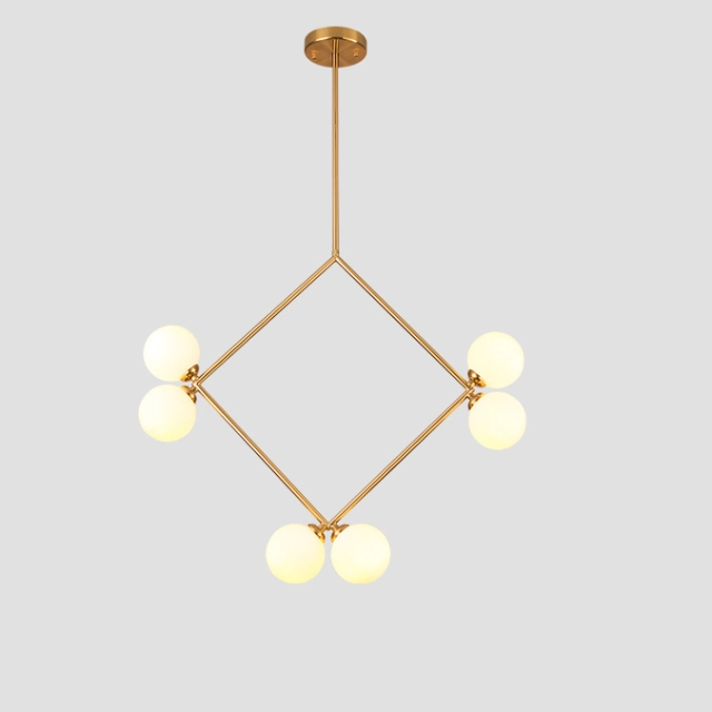 Modern 6-Light Geometric Brass Chandelier with Opal Glass Globe for Kitchen, Bar and Resturant