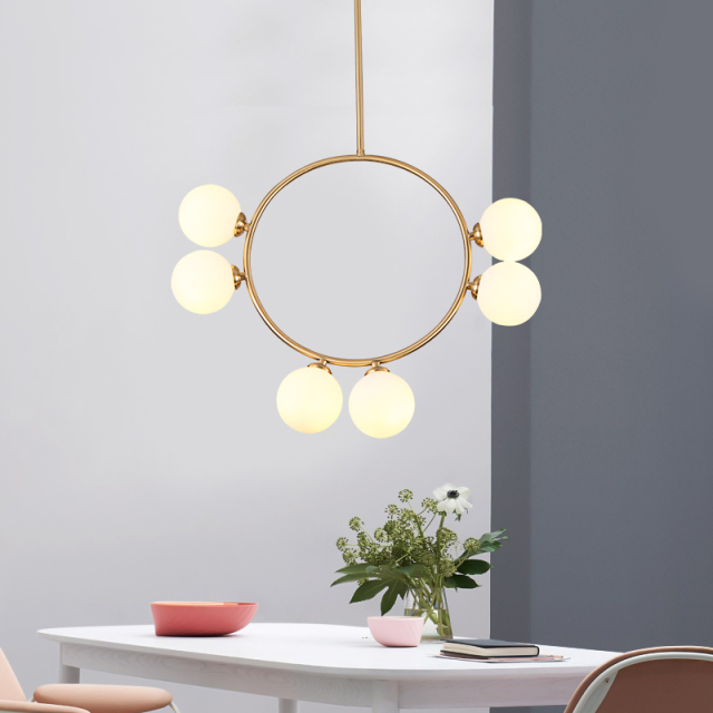 Modern 6-Light Geometric Brass Chandelier with Opal Glass Globe for Kitchen, Bar and Resturant