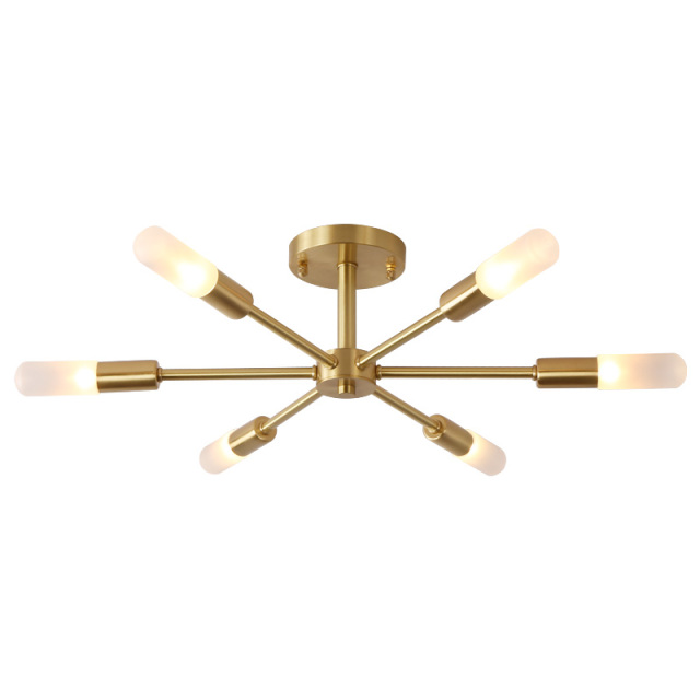 Dimmable 8 Light Frosted Glass Industrial Sputnik Semi Flush Mount Ceiling Lamp in Brass