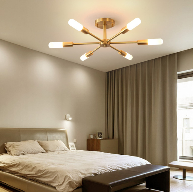 Dimmable 8 Light Frosted Glass Industrial Sputnik Semi Flush Mount Ceiling Lamp in Brass