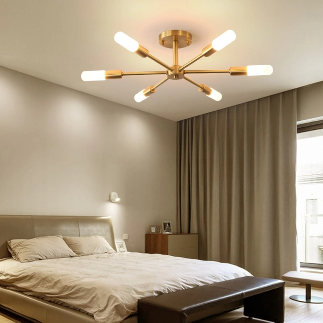 Dimmable 8 Light Frosted Glass Industrial Sputnik Semi Flush Mount Ceiling Lamp in Brass