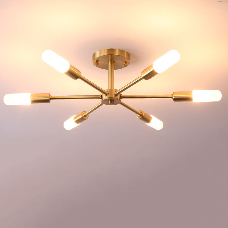 Dimmable 8 Light Frosted Glass Industrial Sputnik Semi Flush Mount Ceiling Lamp in Brass