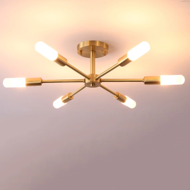 Dimmable 8 Light Frosted Glass Industrial Sputnik Semi Flush Mount Ceiling Lamp in Brass