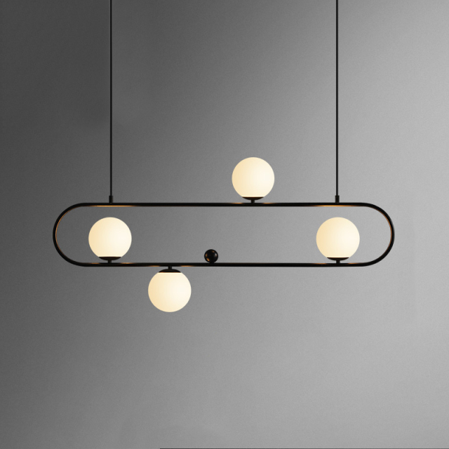 Mid-Century Modern Style 4 Light Oval Ring Chandelier with Mouth Blown Opaline Spheres for Kitchen Island/Dining Table