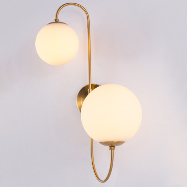 Modern 2 Light Wall Sconce in Brass with Mouth Blown Opaline Spheres