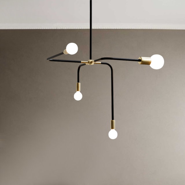 Mid Century Modern 4 Arms Dripping Suspension Chandelier in Brass/Black for Kitchen Island Foyer Staircase