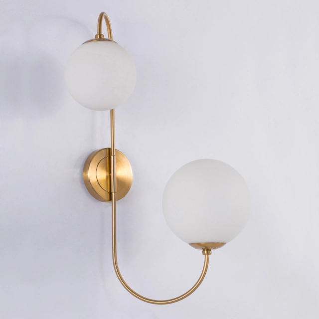 Modern 2 Light Wall Sconce in Brass with Mouth Blown Opaline Spheres