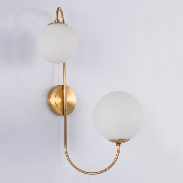 Modern 2 Light Wall Sconce in Brass with Mouth Blown Opaline Spheres