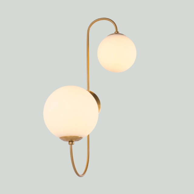 Modern 2 Light Wall Sconce in Brass with Mouth Blown Opaline Spheres