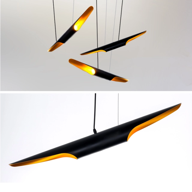 Mid-century Modern 1 Pipe Pendant in Matte Black with Gold Inside