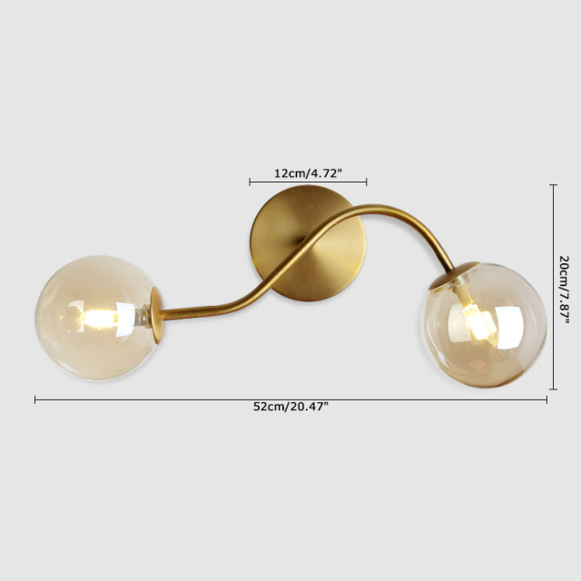 Modern Style 2 Light Wall Sconce in Brass with Hand-blown Glass