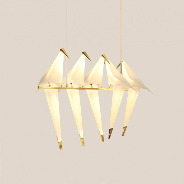 Mid Century Modern Golden Crane LED Branch 5 Light Suspension Lamp Chandelier