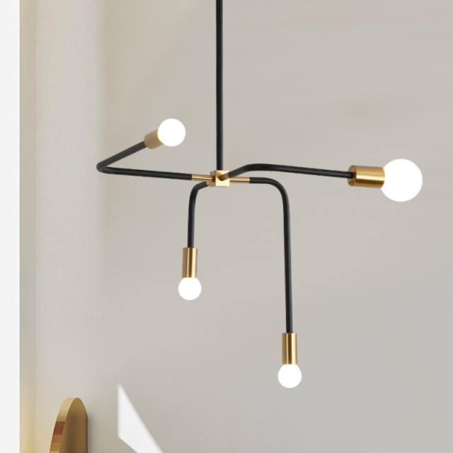 Mid Century Modern 4 Arms Dripping Suspension Chandelier in Brass/Black for Kitchen Island Foyer Staircase