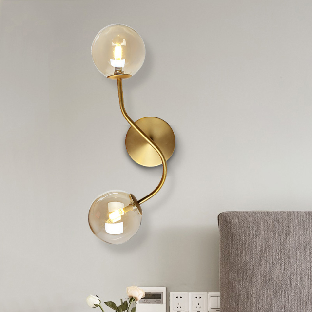 Modern Style 2 Light Wall Sconce in Brass with Hand-blown Glass