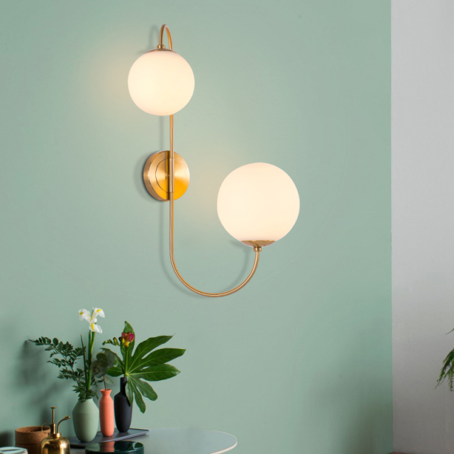 Modern 2 Light Wall Sconce in Brass with Mouth Blown Opaline Spheres