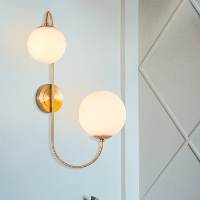 Modern 2 Light Wall Sconce in Brass with Mouth Blown Opaline Spheres