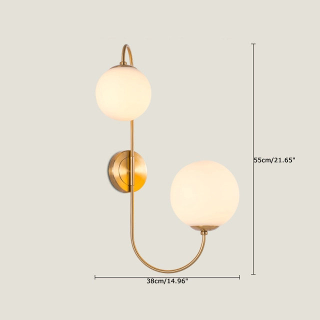 Modern 2 Light Wall Sconce in Brass with Mouth Blown Opaline Spheres