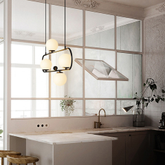 Mid-Century Modern Style 4 Light Oval Ring Chandelier with Mouth Blown Opaline Spheres for Kitchen Island/Dining Table