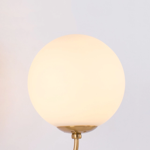 Modern 2 Light Wall Sconce in Brass with Mouth Blown Opaline Spheres