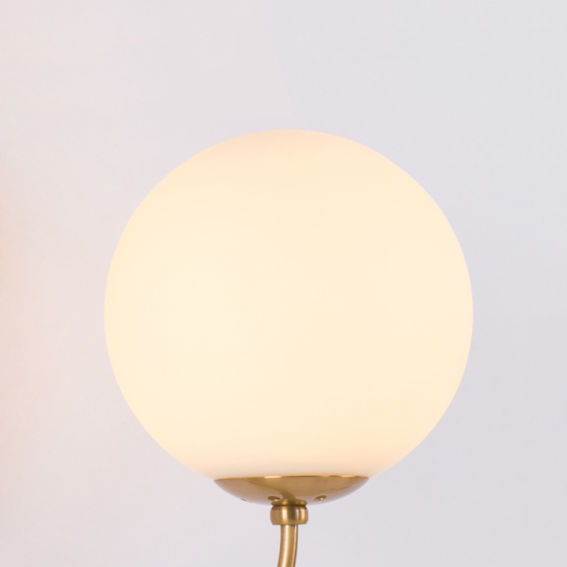 Modern 2 Light Wall Sconce in Brass with Mouth Blown Opaline Spheres