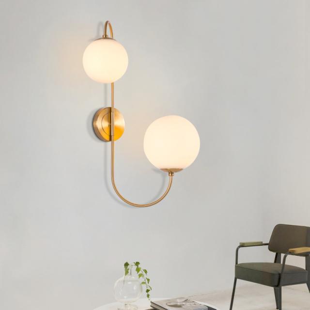 Modern 2 Light Wall Sconce in Brass with Mouth Blown Opaline Spheres