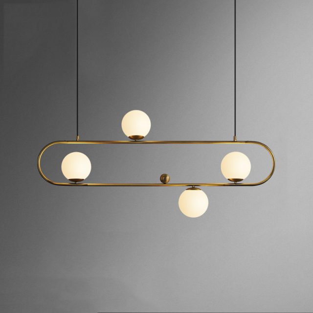 Mid-Century Modern Style 4 Light Oval Ring Chandelier with Mouth Blown Opaline Spheres for Kitchen Island/Dining Table