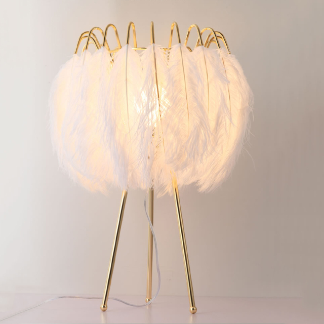 Modern 1-Light White Feather Table Light in Brass