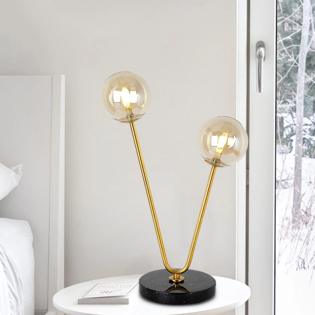 Modern Style 2 Light Table Lamp in Gold with Glass Globes