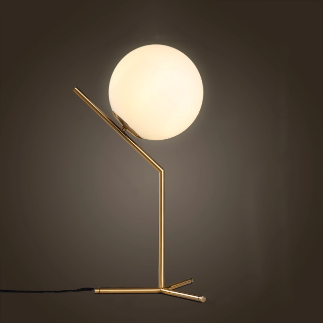 Mid Century Modern Style 1 Light High Table Lamp in Brass with Mouth Blown Opaline Sphere