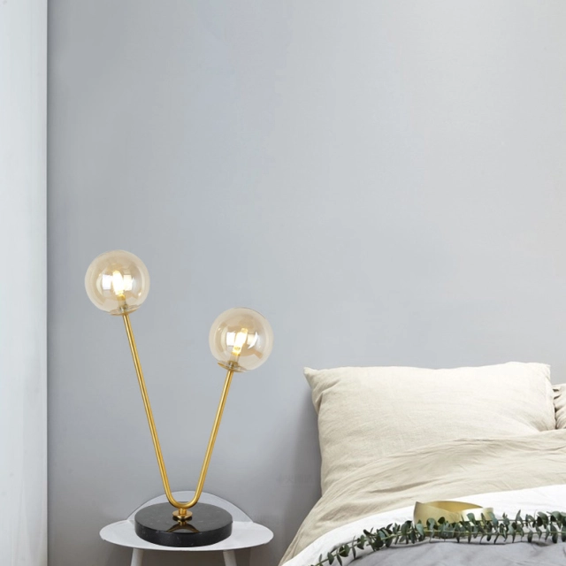 Modern Style 2 Light Table Lamp in Gold with Glass Globes