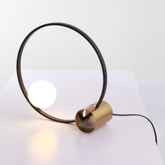 Modern Simple Black 1 Light Circle Table Lamp with Brass Base and Glass Globe