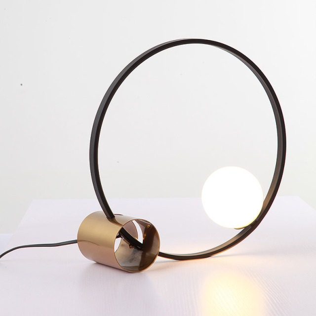 Modern Simple Black 1 Light Circle Table Lamp with Brass Base and Glass Globe