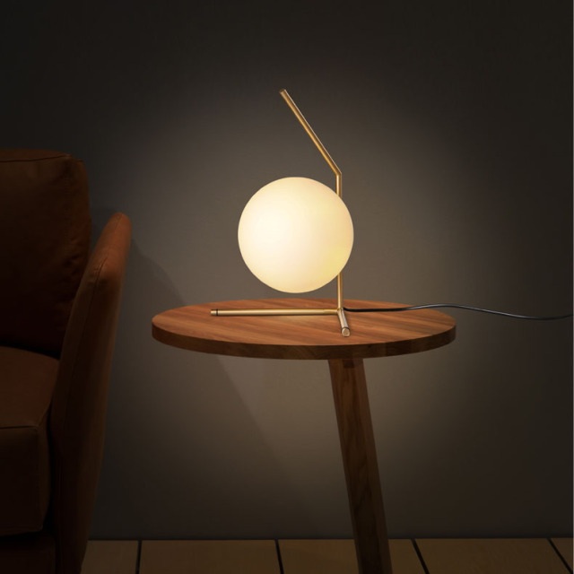 Mid Century Modern Low Table Lamp with Opaline Glass Globe