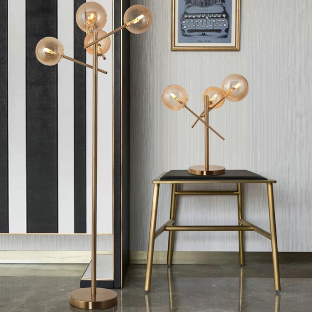 Modern 3 Light Table Lamp in Gold with Glass Globes