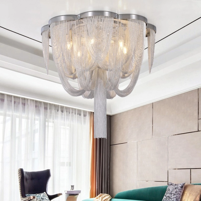 Contemporary 4 Light Silver Chain Chandelier for Living Room and Hotel Villa