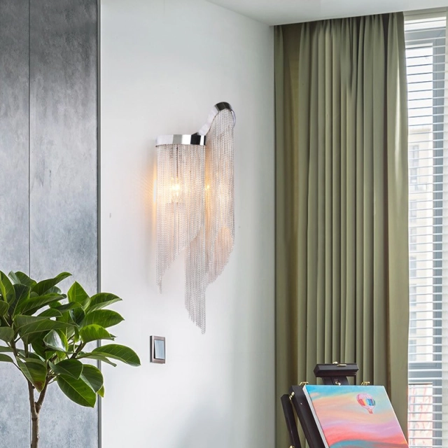 Modern 2 Light Stream Metal Chain Wall Lamp Nickel-Plated