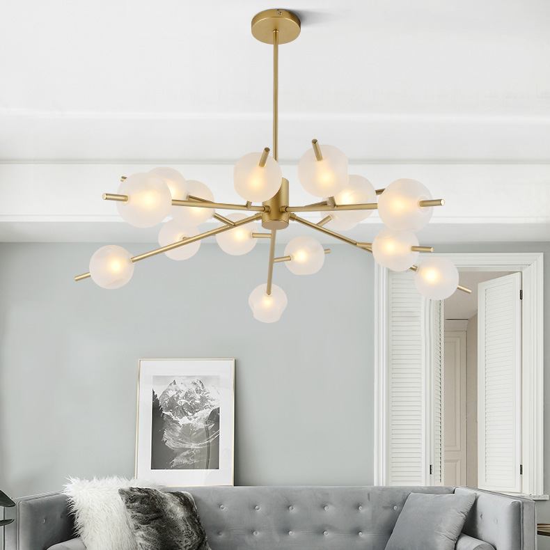 Modern 12 Light Chandelier in Brass with Frosted Glass Globes,ROOMS