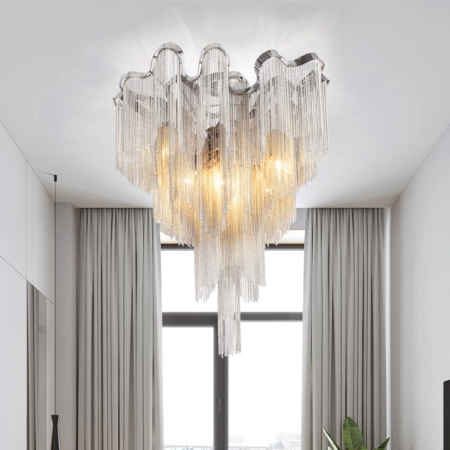 Contemporary Style 6 Light Stream Metal Chain Ceiling Lamp in Chrome for Living or Dining Room