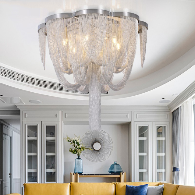 Contemporary 4 Light Silver Chain Chandelier for Living Room and Hotel Villa