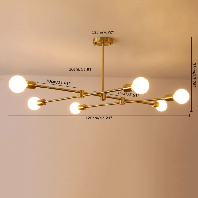 Mid Century Industrial 6 Light Branching Chandelier in Brushed Brass for Dining Room and Living Room Lighting