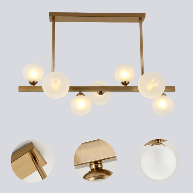 Mid Century Modern 7 Light Linear Chandelier Brass Bubble Beam Island Light with Opaline Glass Globes