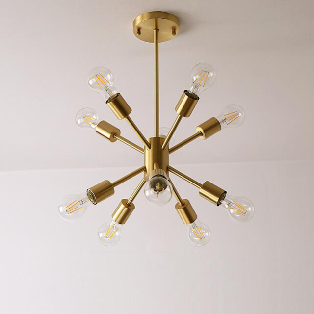 Mid Century Modern 10-Light Sputnik Chandelier in Brushed Brass