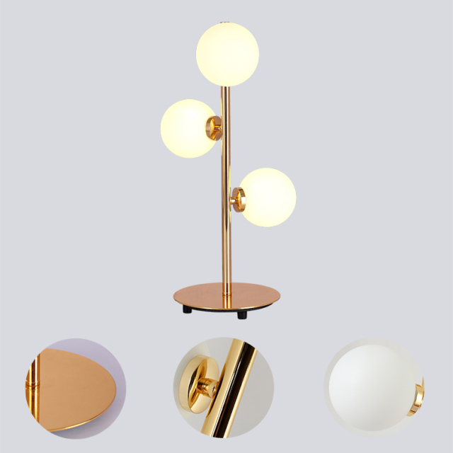 Modern Style 3-Light Table Lamp in Gold with Opal Glass Globes