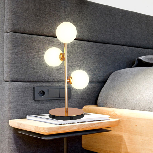 Modern Style 3-Light Table Lamp in Gold with Opal Glass Globes