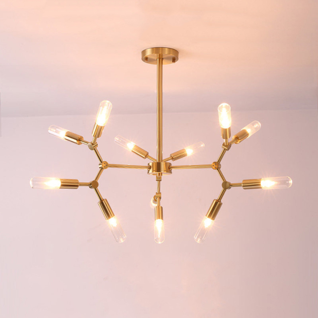 Mid Century Modern Brass Branching Chandelier 12 Light with Frosted/Clear Glass