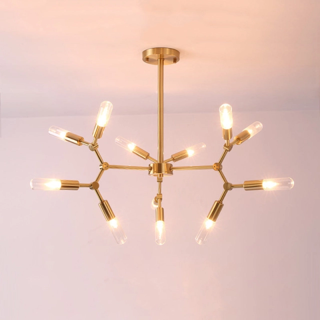 Mid Century Modern Brass Branching Chandelier 12 Light with Frosted/Clear Glass