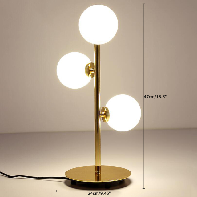 Modern Style 3-Light Table Lamp in Gold with Opal Glass Globes