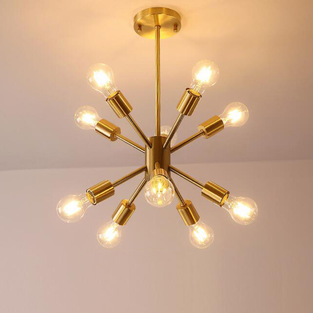 Mid Century Modern 10-Light Sputnik Chandelier in Brushed Brass