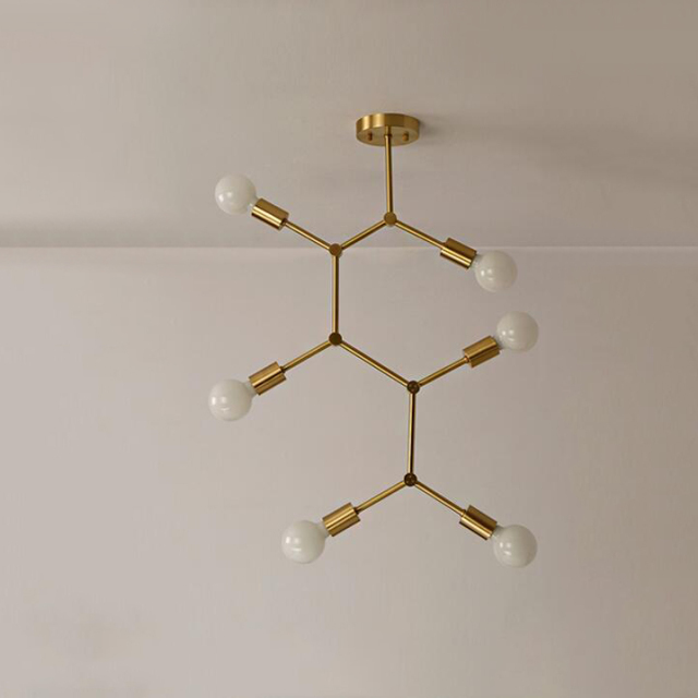 Mid Century Modern 6 Light Branching Ceiling Lamp in Brass